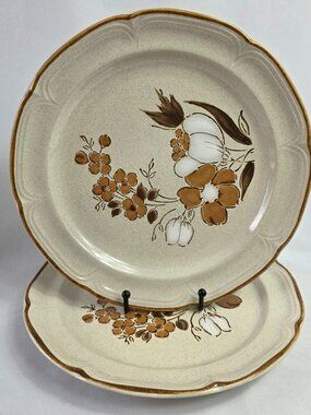 TWO Hearthside Autumn Fair Salad Plates Baroque Line Brown & White Flowers
